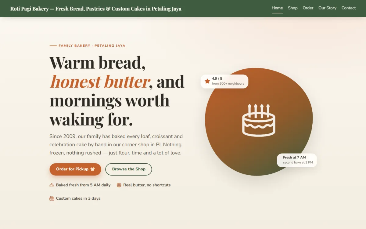 Screenshot of the Roti Pagi Bakery website built by Flowearly