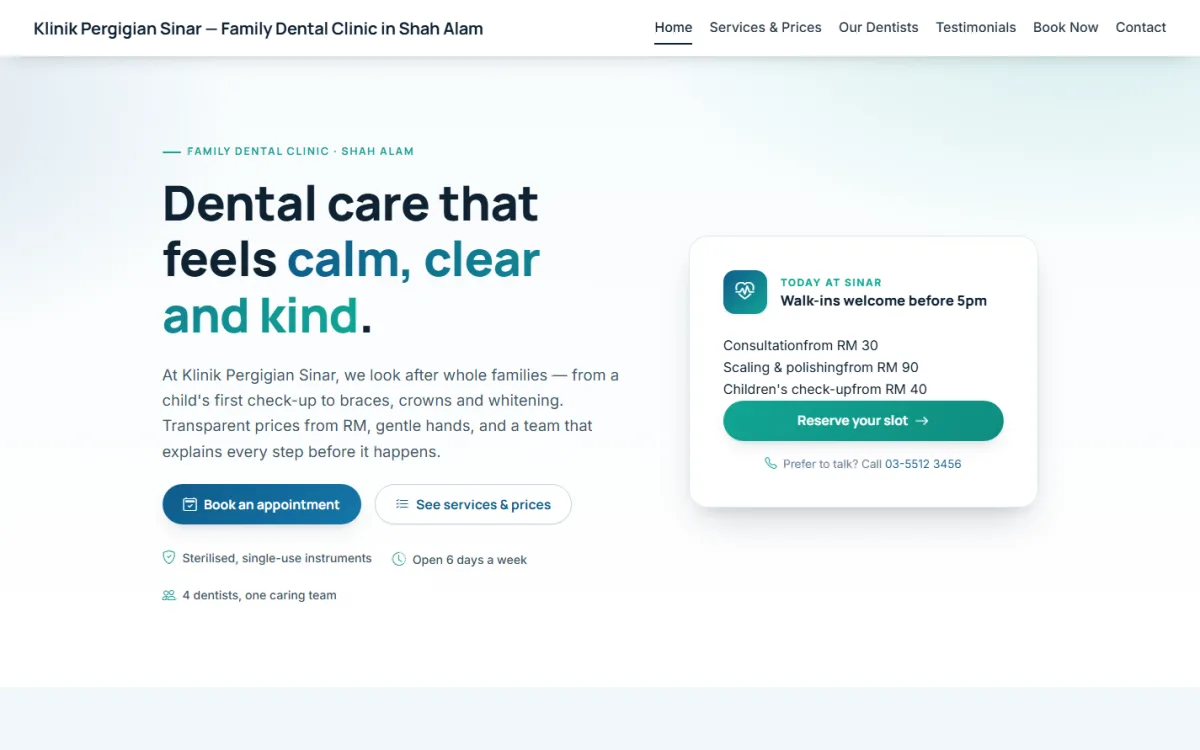 Screenshot of the Klinik Pergigian Sinar website built by Flowearly