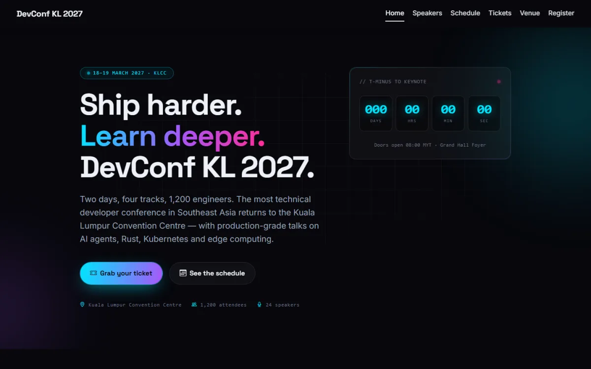 Screenshot of the DevConf KL 2027 website built by Flowearly